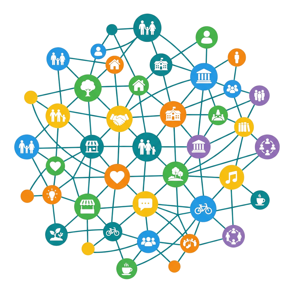 A network of interconnected colorful circular icons representing diverse community services and activities.