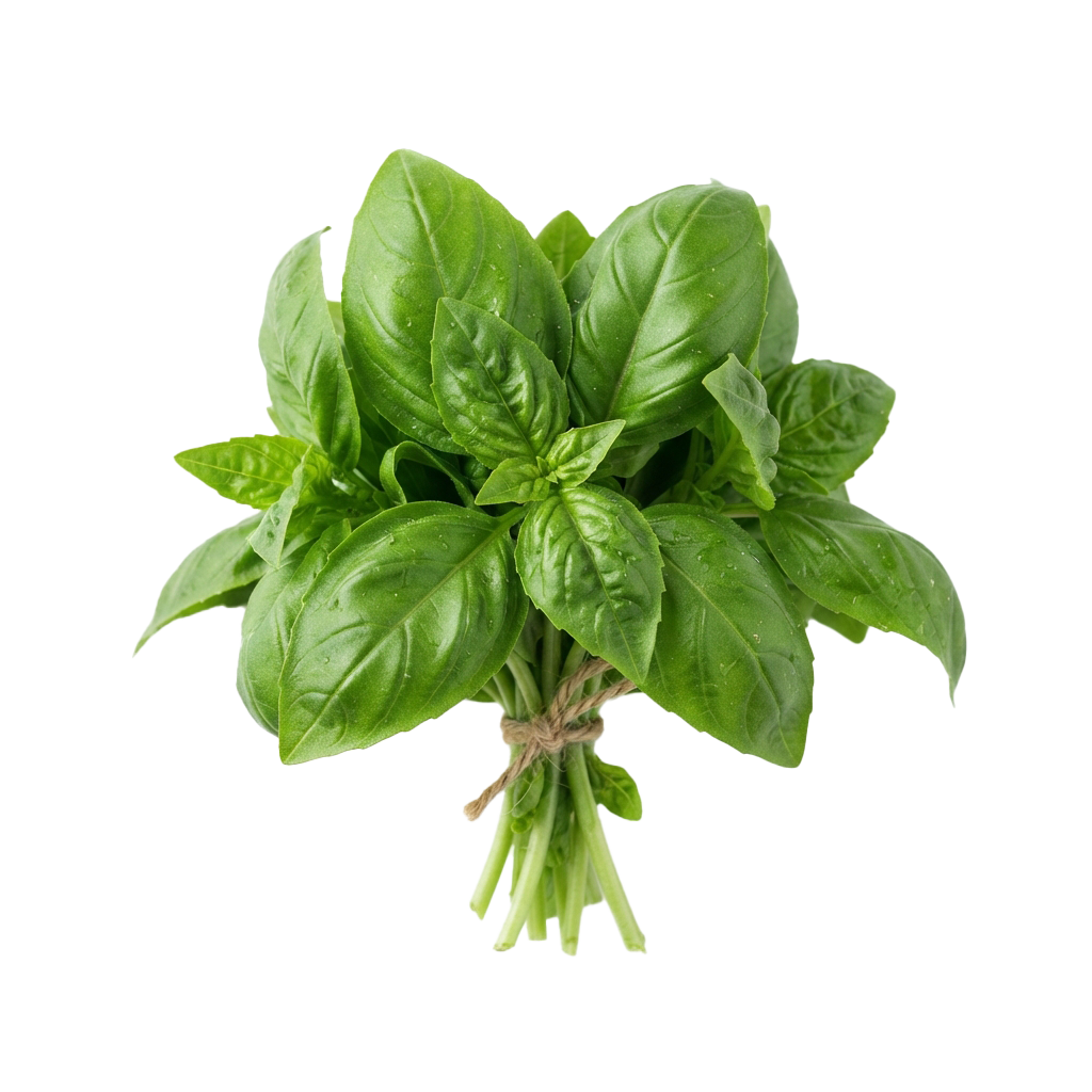 A bundle of fresh green basil leaves tied together with twine.