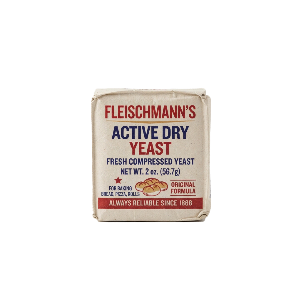 Package of Fleischmann's Active Dry Yeast showing a 2 oz compressed yeast block for baking bread, pizza, and rolls