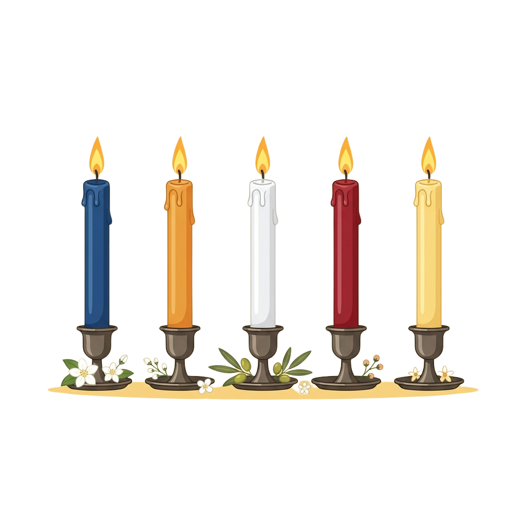 Five lit candles in blue, orange, white, red, and yellow colors placed in holders with small floral decorations around them
