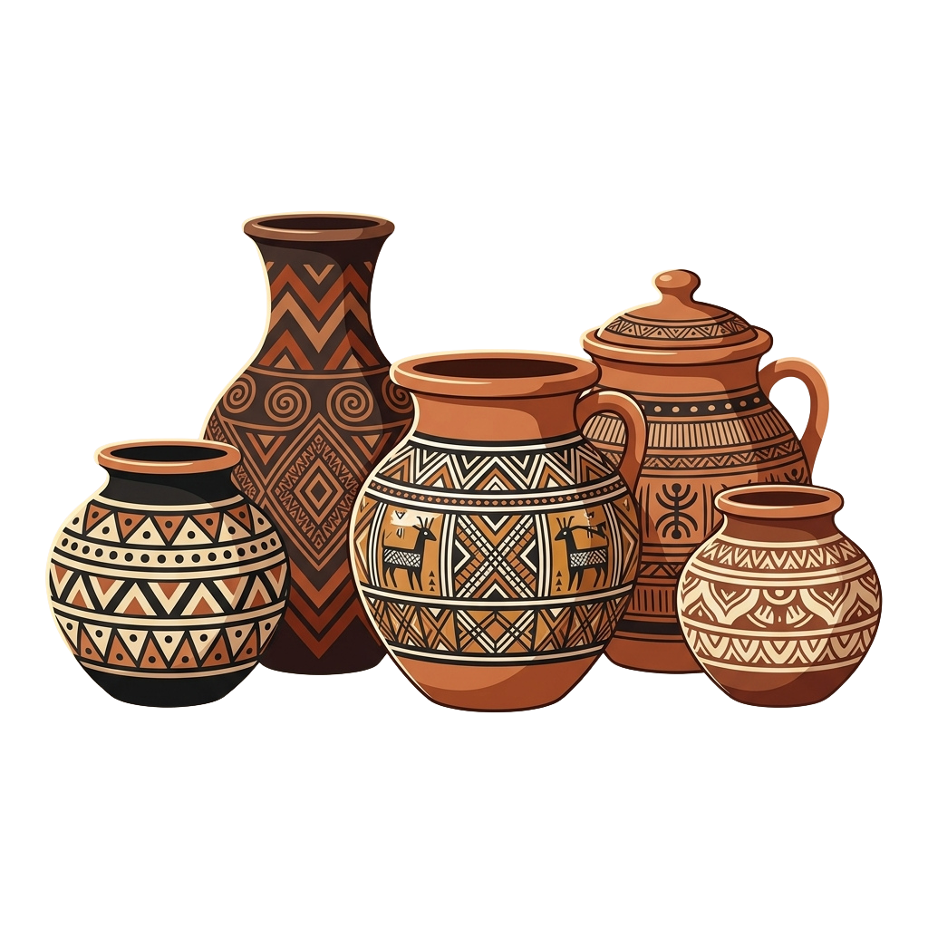 Five intricately patterned terracotta pots with geometric and animal designs arranged on a dark background
