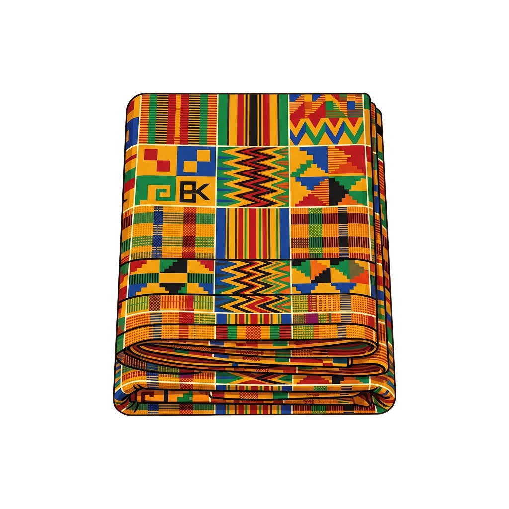 Colorful folded fabric with intricate Kente cloth patterns in yellow, red, green, and blue