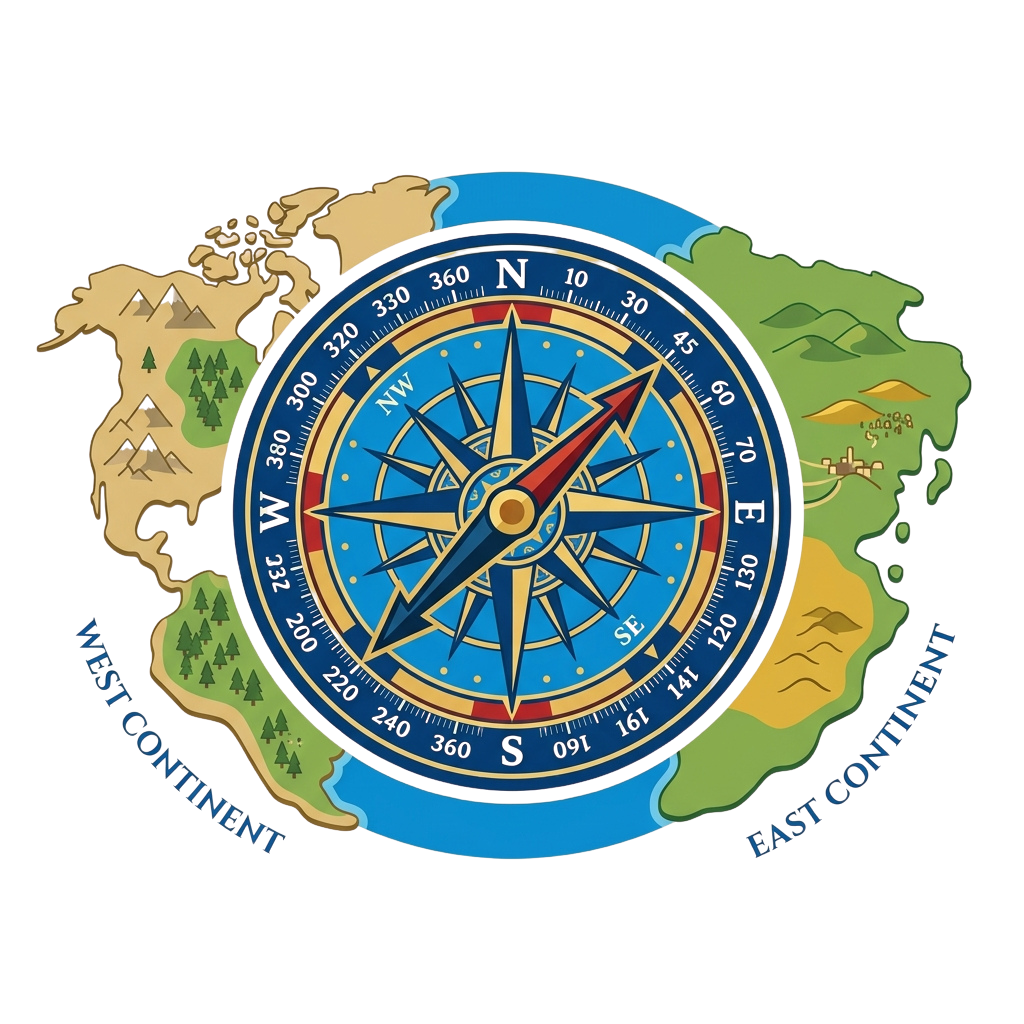 Illustration of a vintage compass surrounded by simplified maps of the West and East continents