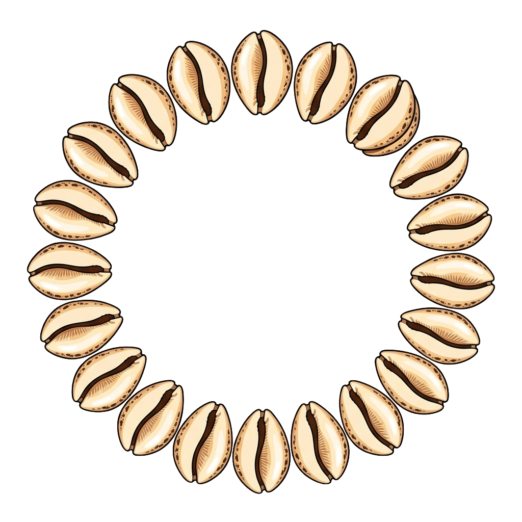A circular pattern of twenty cowrie shells on a black background