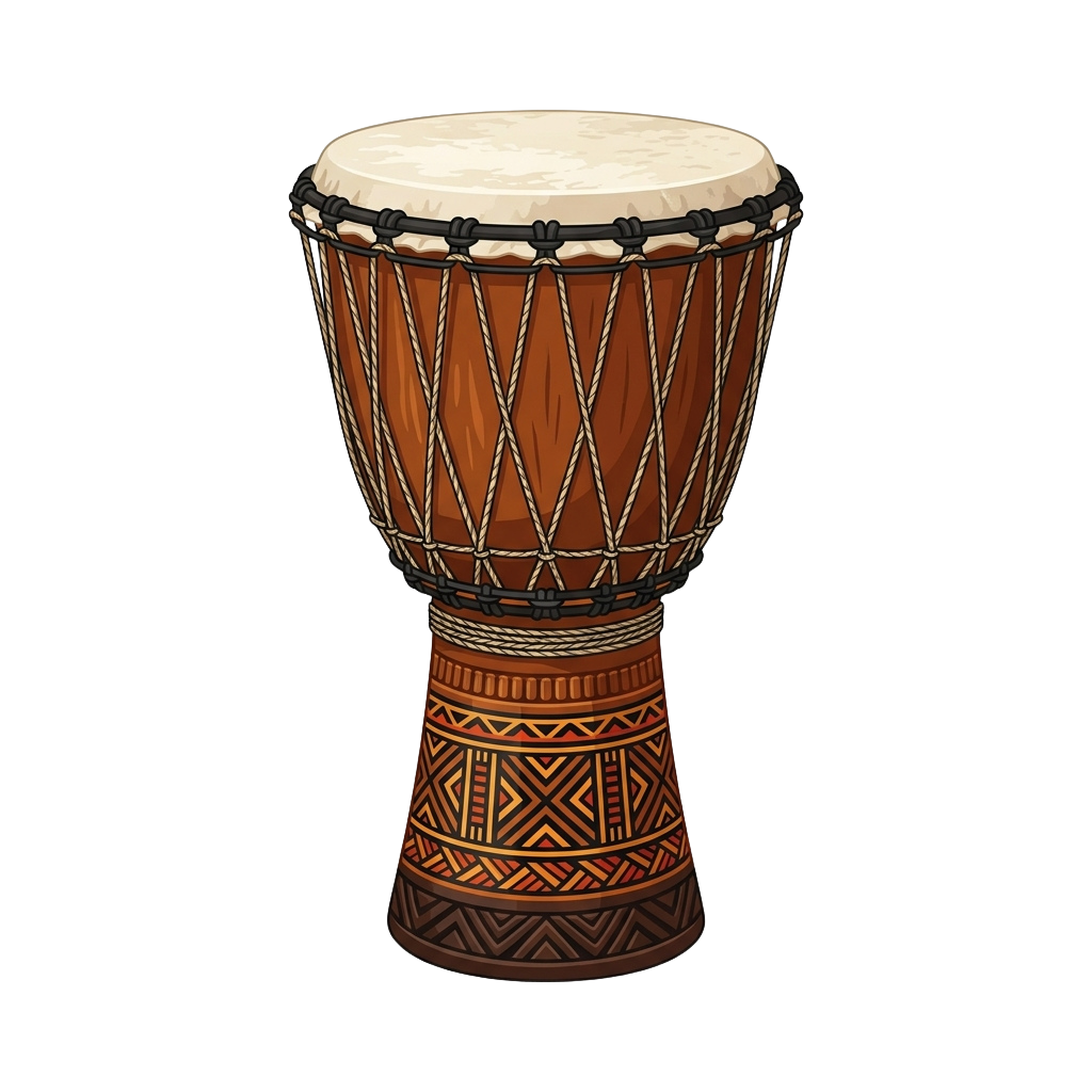 A traditional wooden djembe drum featuring intricate geometric designs and a light-colored drumhead.