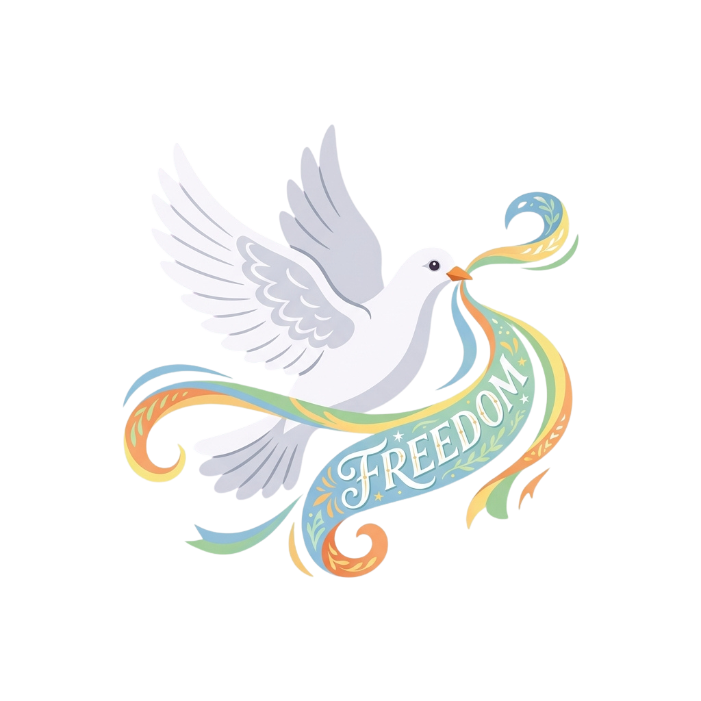 A white dove in flight holding a colorful ribbon with the word freedom written on it