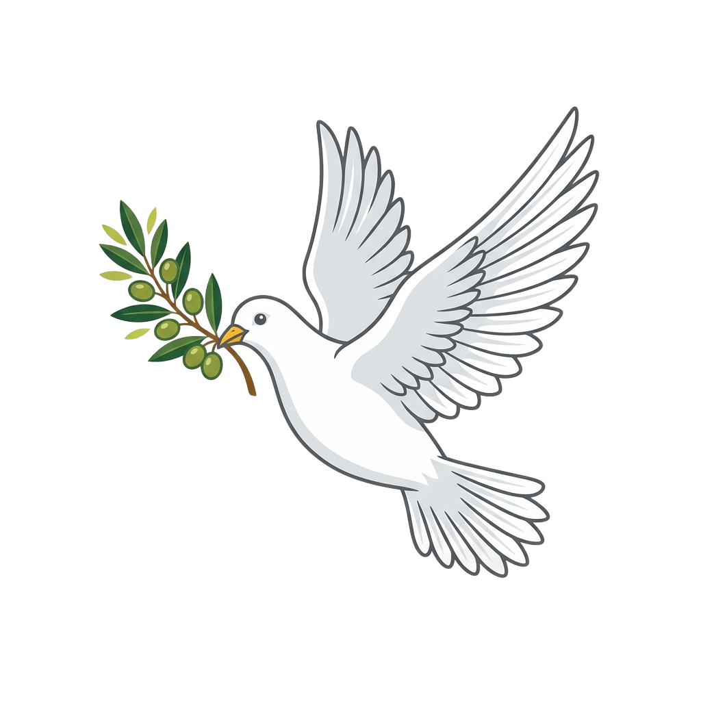A white dove in flight holding an olive branch in its beak against a black background