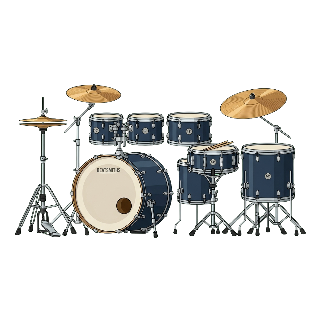 Illustration of a blue drum kit featuring bass drum, snare, toms, and cymbals on stands