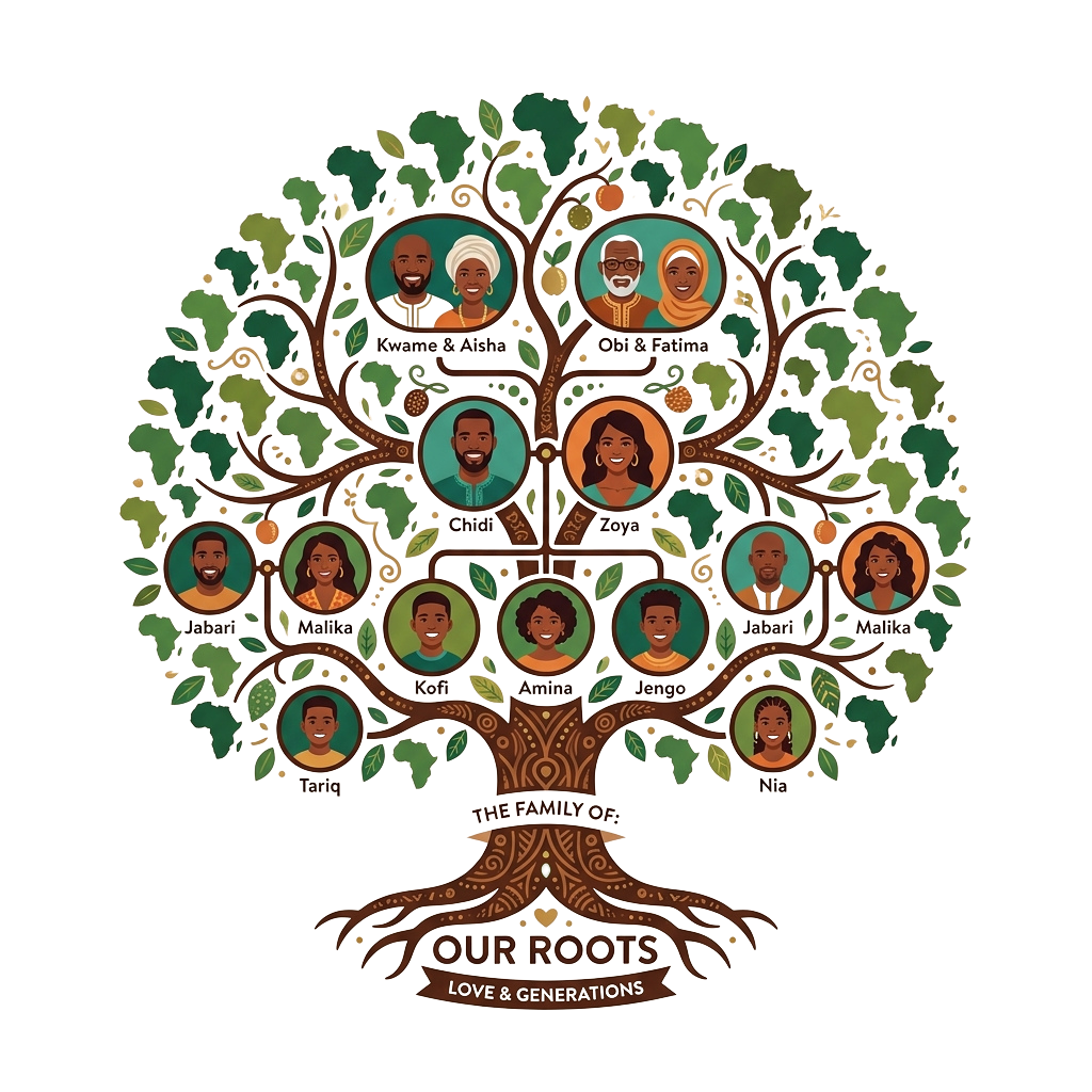 Family tree illustration depicting multiple generations with faces and names on branches.