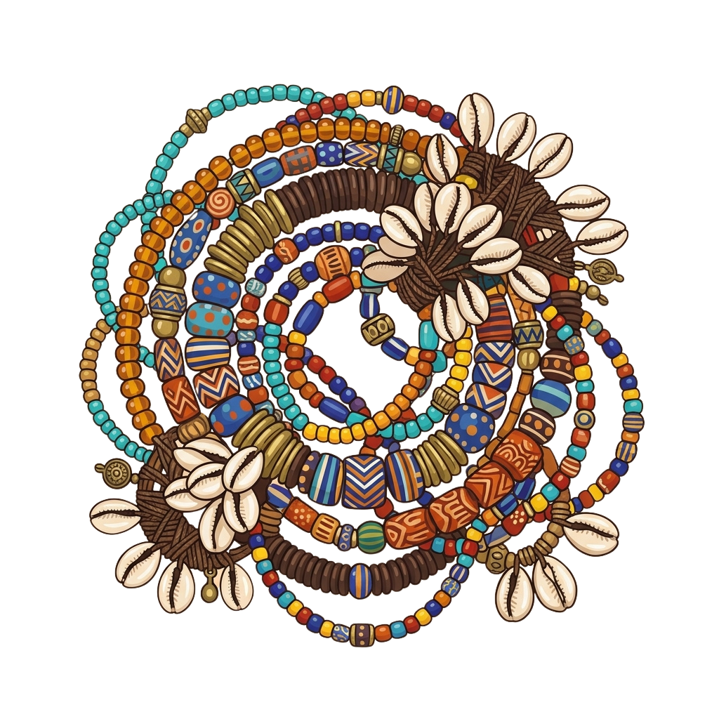 A vibrant stack of beaded bracelets featuring cowrie shells, glass beads, and wooden elements in bright colors.
