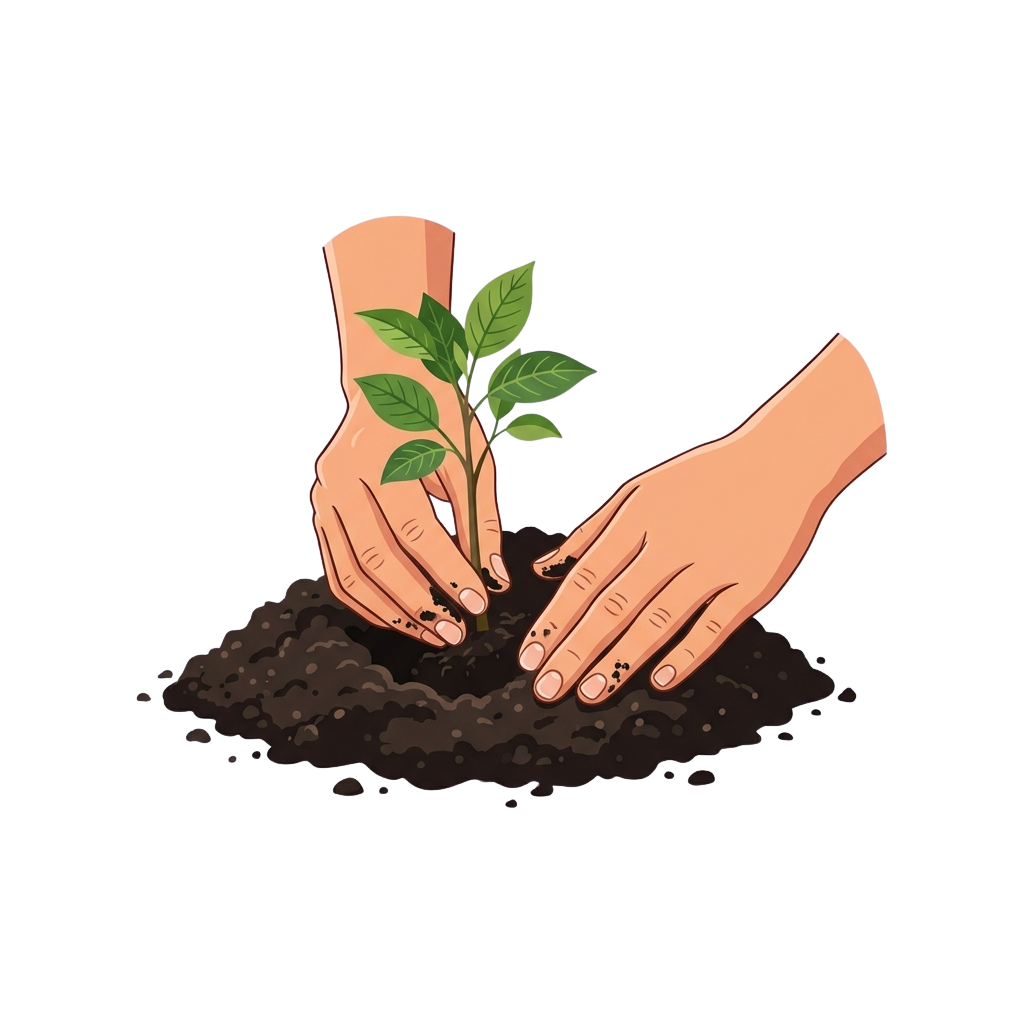 Two hands planting a small green seedling in dark soil.