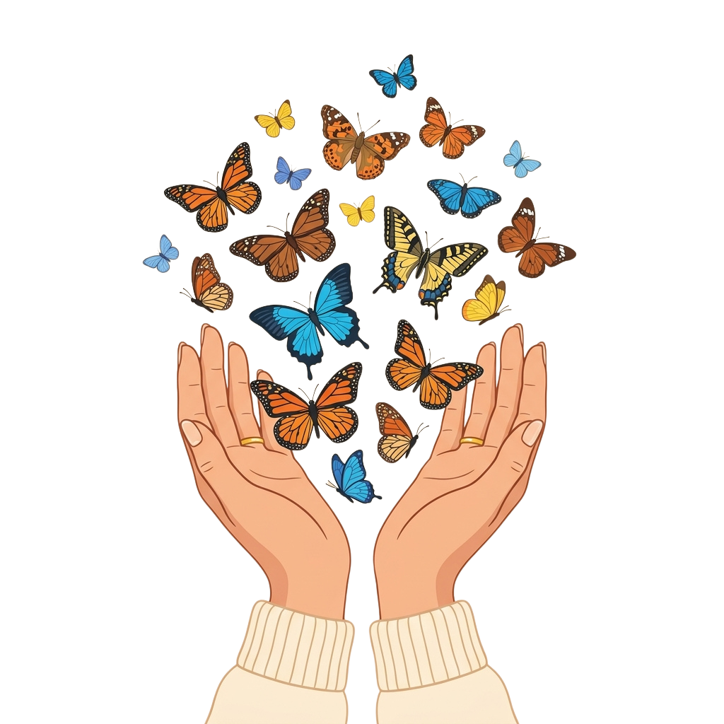 Two hands gently releasing a swarm of colorful butterflies against a dark background