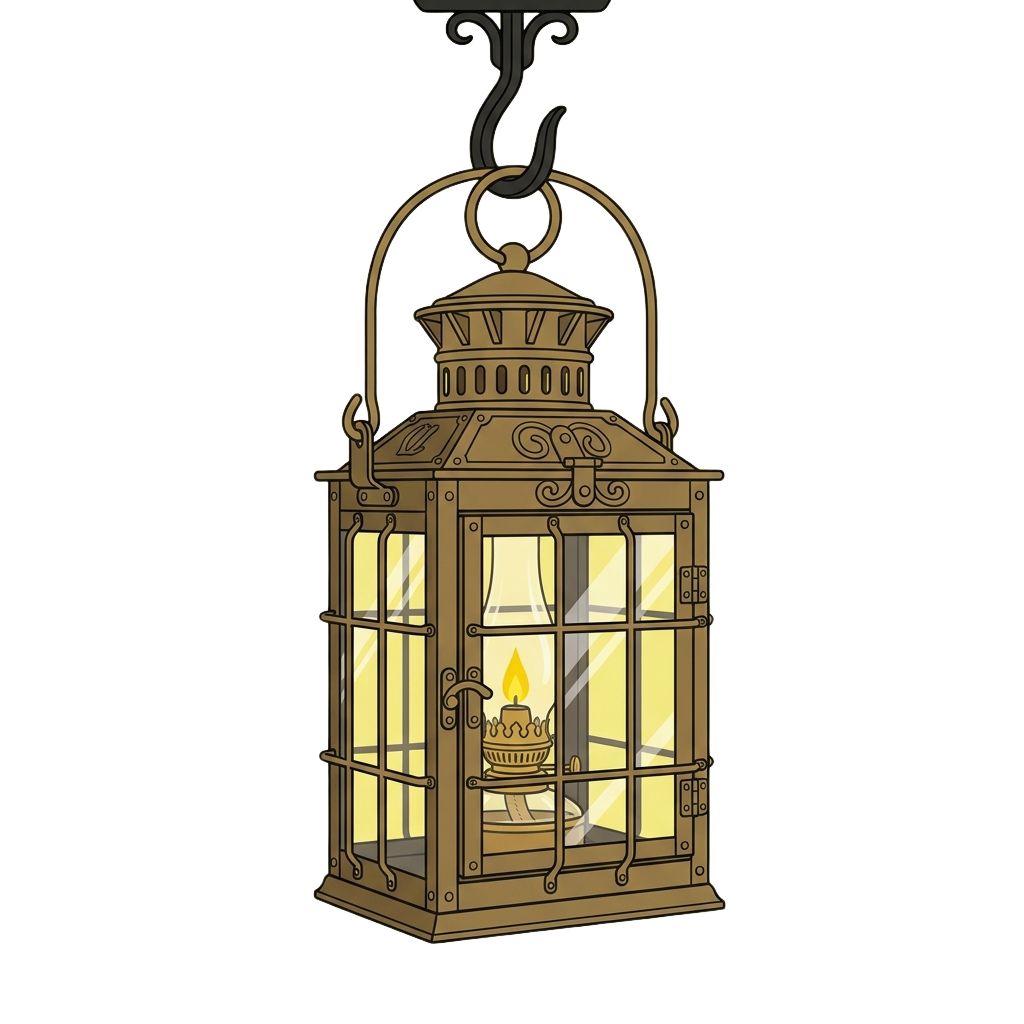 Illustration of an antique-style lantern hanging from a hook, glowing with candlelight inside.