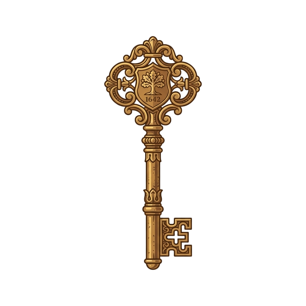 An intricately designed antique gold key featuring a tree emblem and the year 1642.