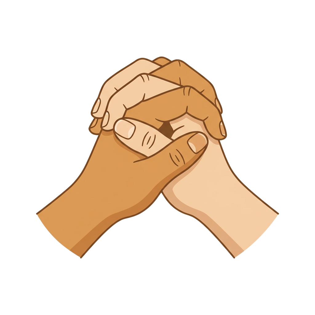 Two hands clasped together in a friendly gesture, one darker-skinned and one lighter-skinned.