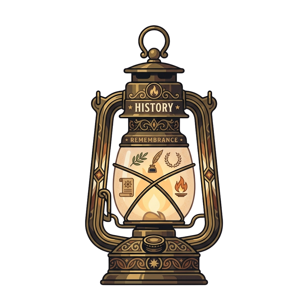 Illustration of an antique lantern with symbols of history and remembrance glowing inside.
