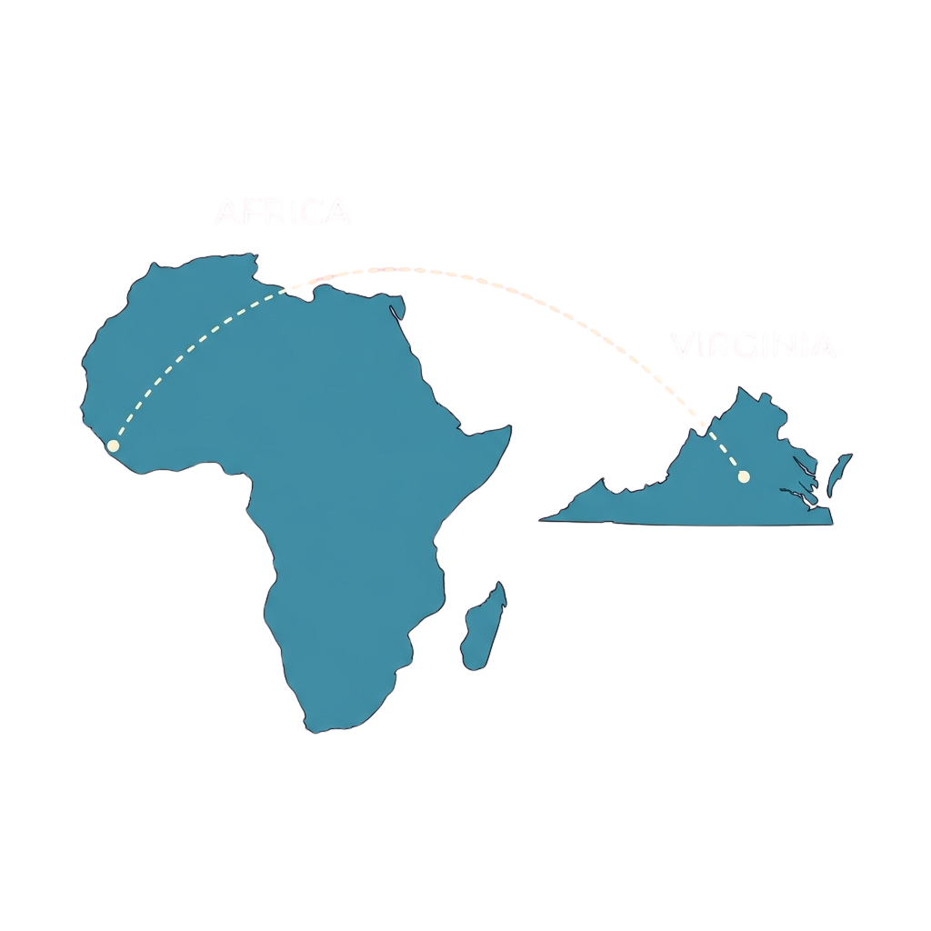 Map showing a dotted line route from Africa to Virginia, USA