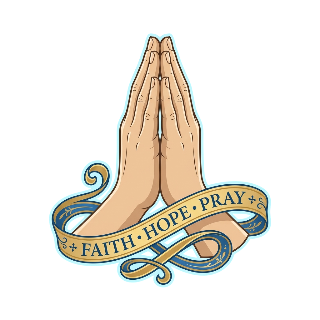 Illustration of praying hands with a banner reading Faith Hope and Prayer