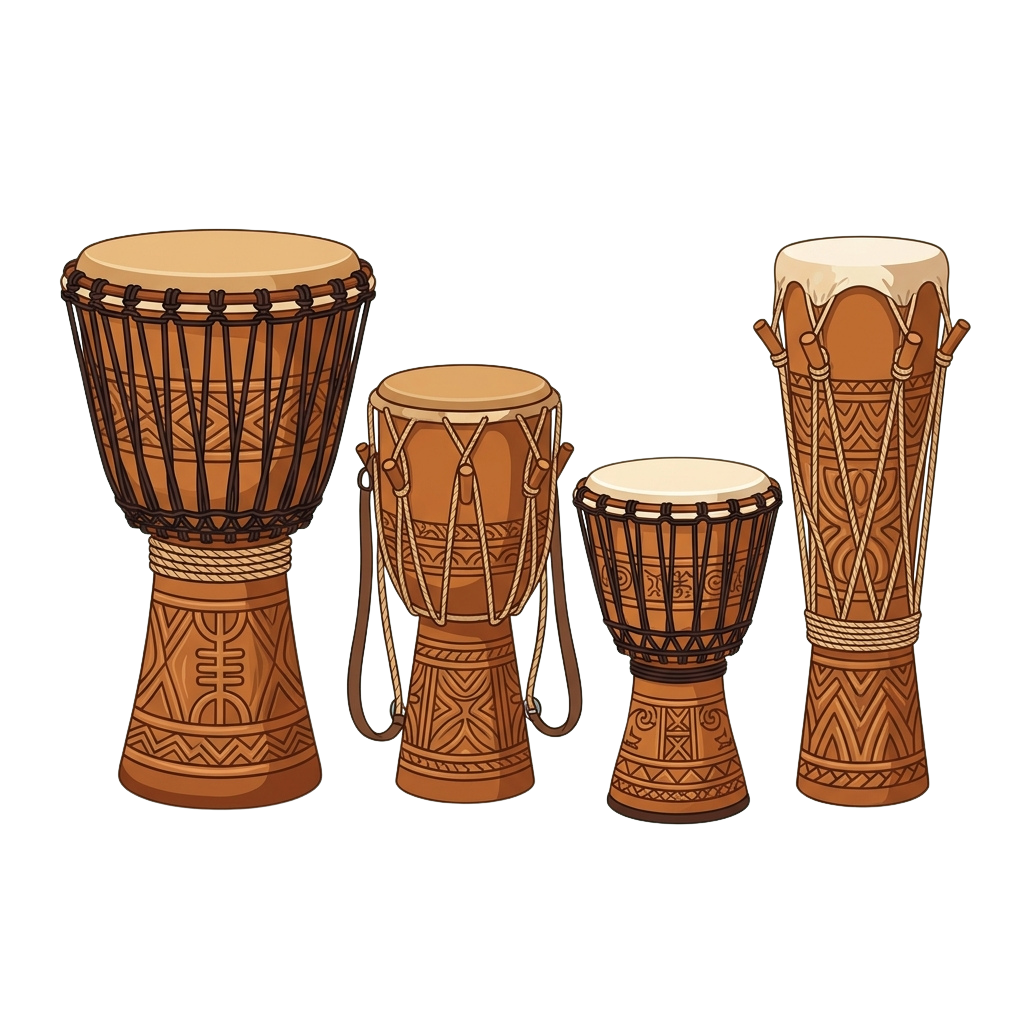Four traditional wooden djembe drums with intricate carvings and rope details.