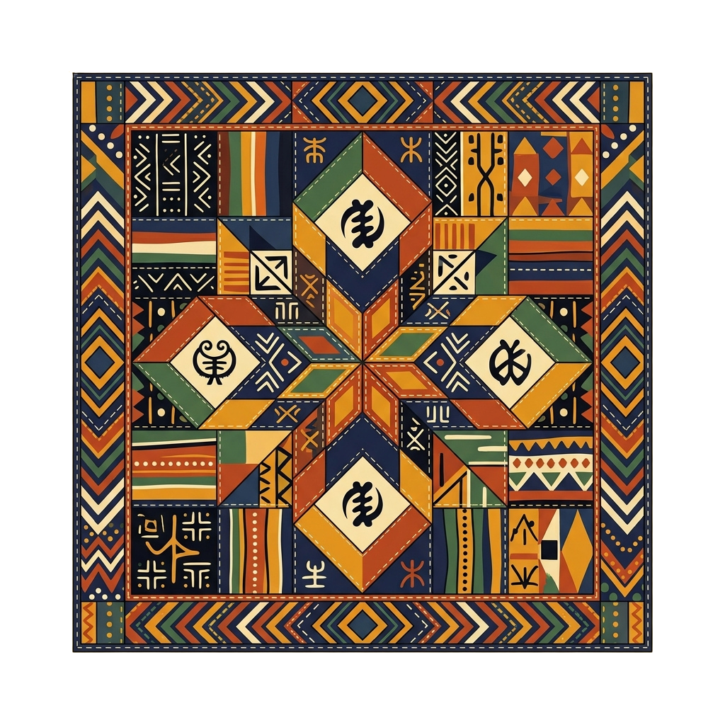 Colorful geometric African textile pattern with intricate symbols and shapes
