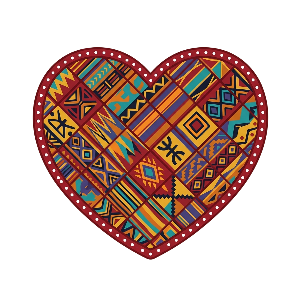A heart shape filled with vibrant geometric patterns in red, orange, blue, and yellow tones, outlined with white dots.