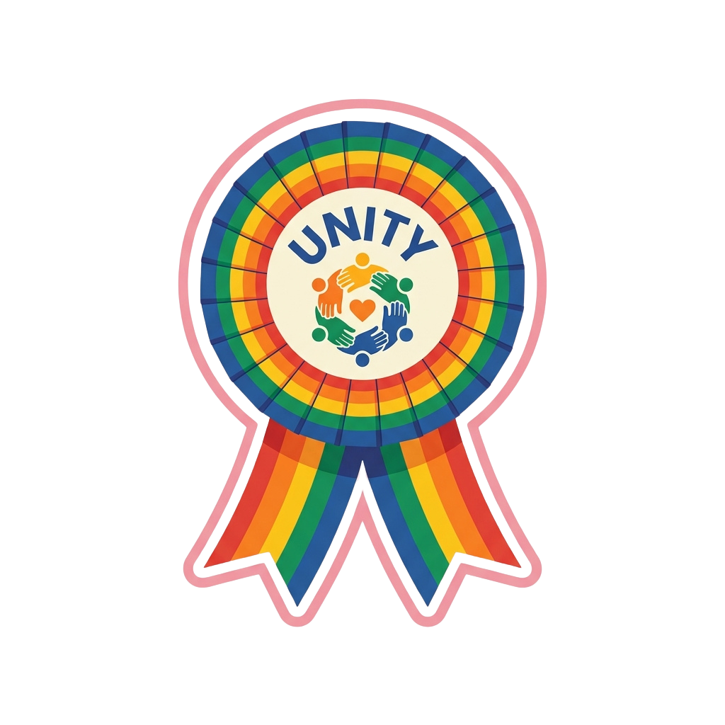 A colorful unity ribbon badge featuring rainbow stripes and a central emblem of hands holding hearts.