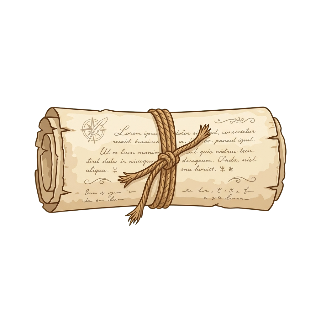 Illustration of an old parchment scroll tied with twine, featuring a compass and Latin placeholder text