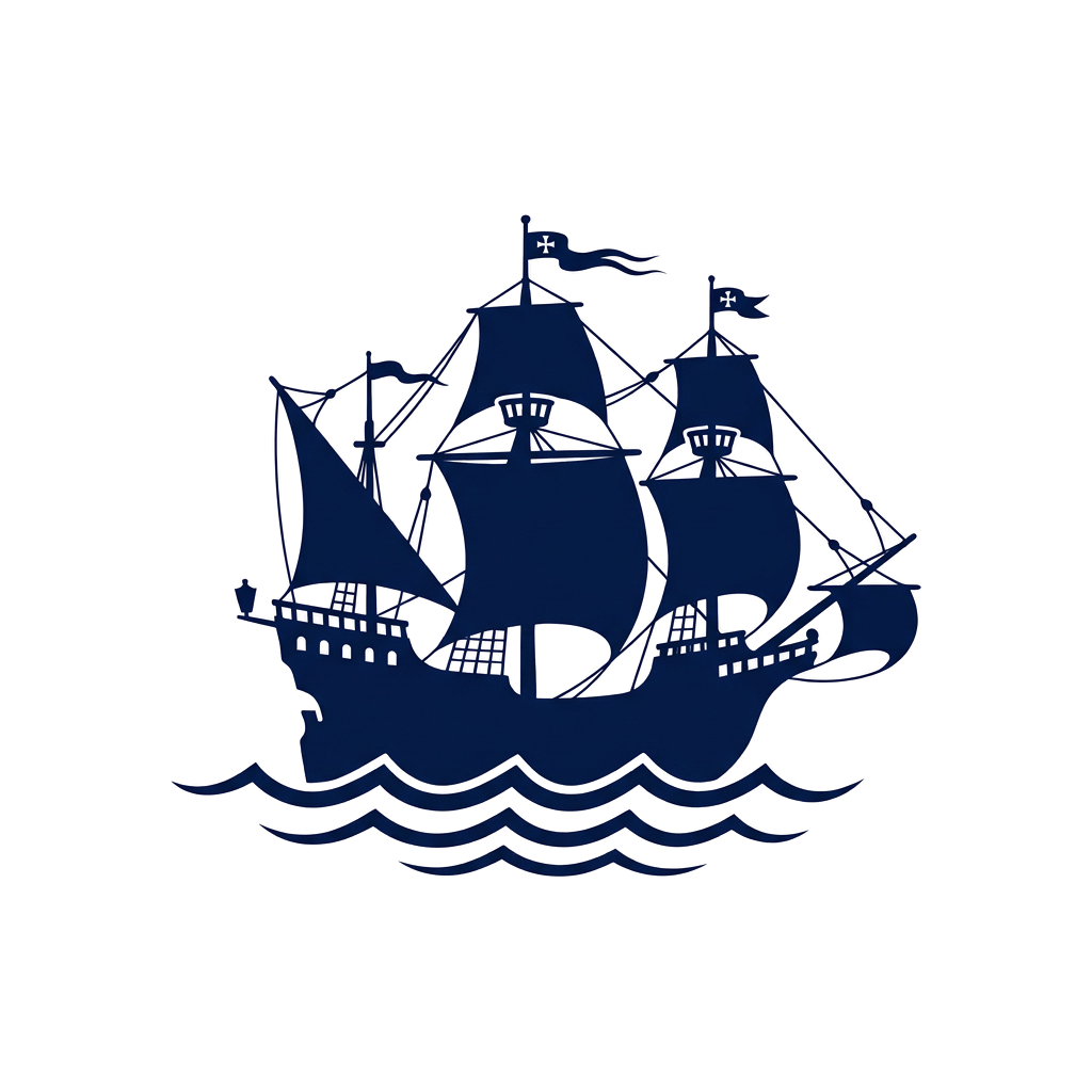 A blue silhouette of a classic sailing ship with three masts on wavy water against a dark background