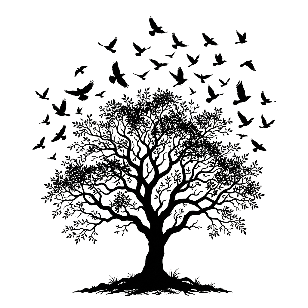 A detailed tree with birds flying around its branches against a black background