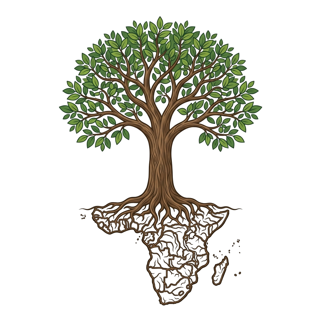 A detailed illustration of a tree with a thick trunk, green leaves, and an intricate root system spreading underground.