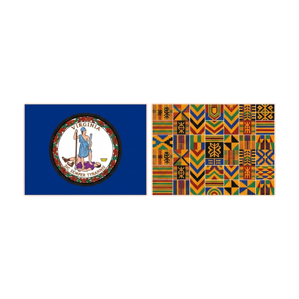 Virginia state seal on blue background next to colorful quilt pattern with geometric designs