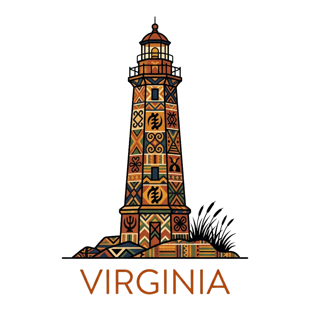 Illustration of a lighthouse with intricate cultural patterns and the word Virginia beneath it