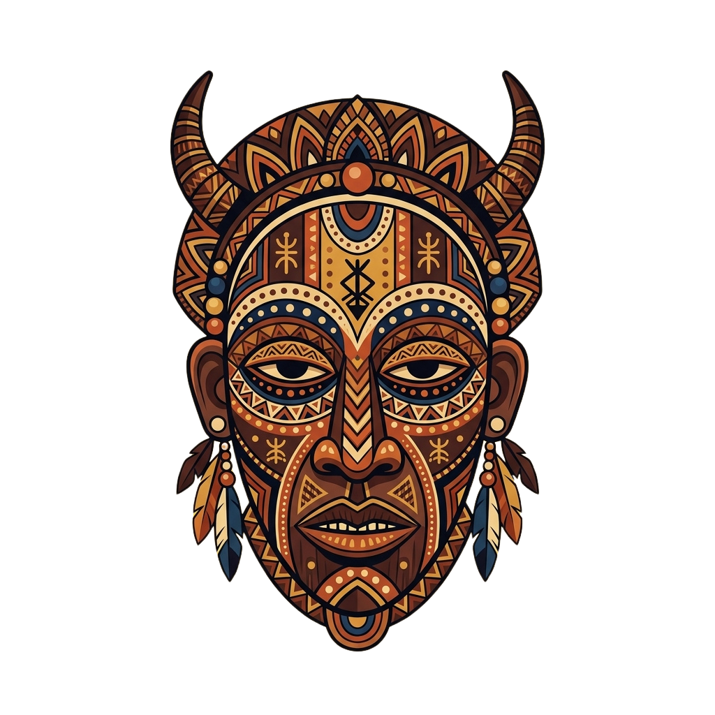 Colorful African tribal mask with detailed geometric patterns and horns on a black background