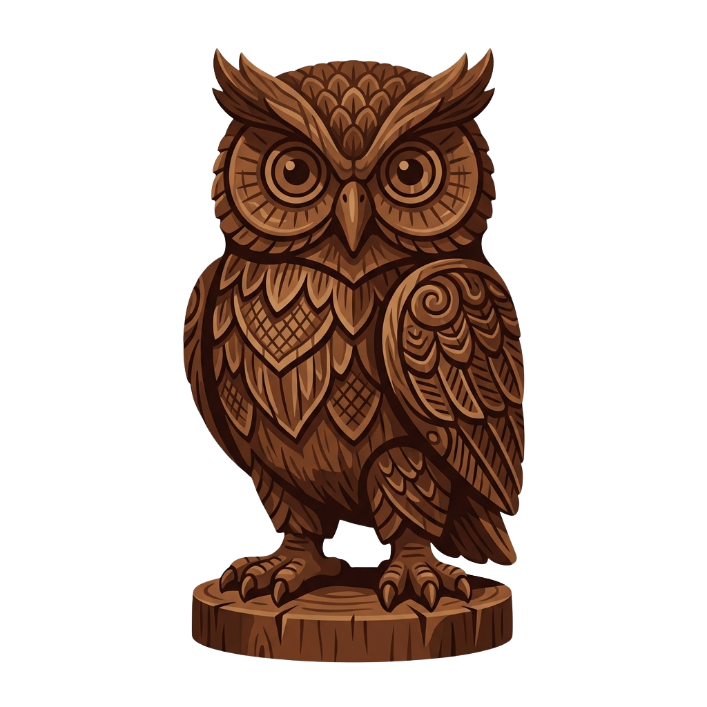 A detailed wooden owl sculpture with intricate patterns on its feathers and body, perched on a wooden base.