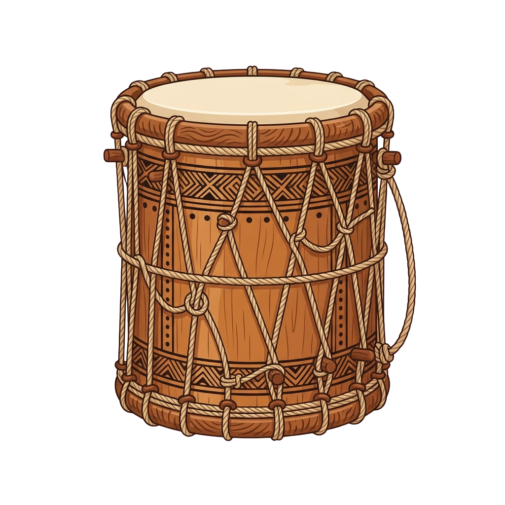 Illustration of a traditional wooden drum wrapped with ropes and geometric patterns