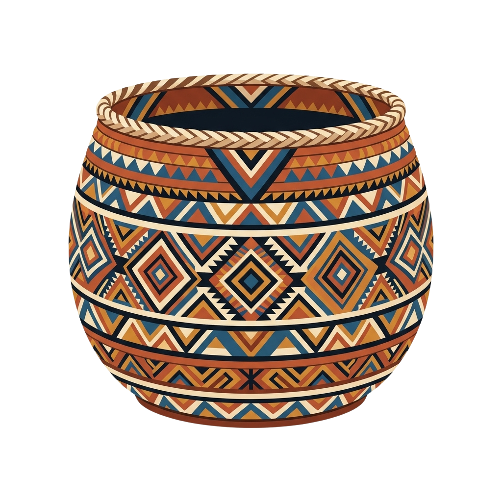 Decorative woven basket featuring intricate geometric and diamond patterns in earthy tones