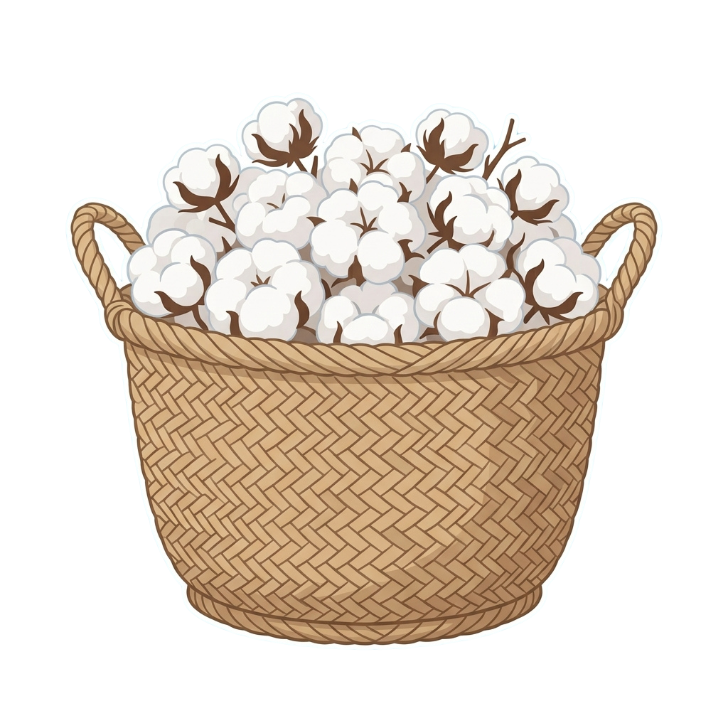 A woven basket filled with fluffy white cotton bolls, ready for processing.