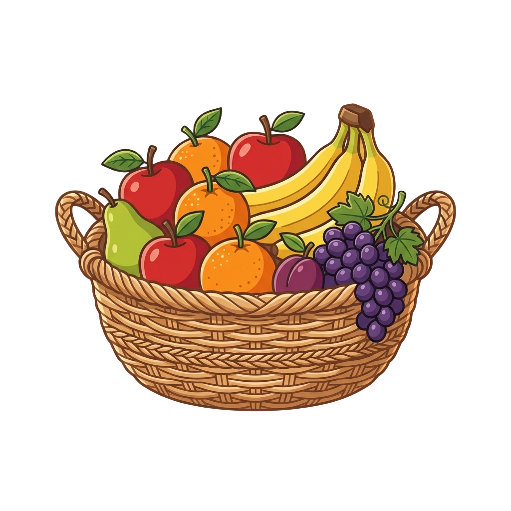 A wicker basket filled with apples, oranges, pears, bananas, grapes, and plums