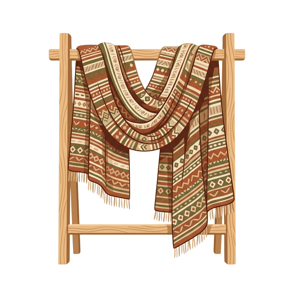 A colorful handwoven scarf with geometric patterns draped over a wooden drying rack