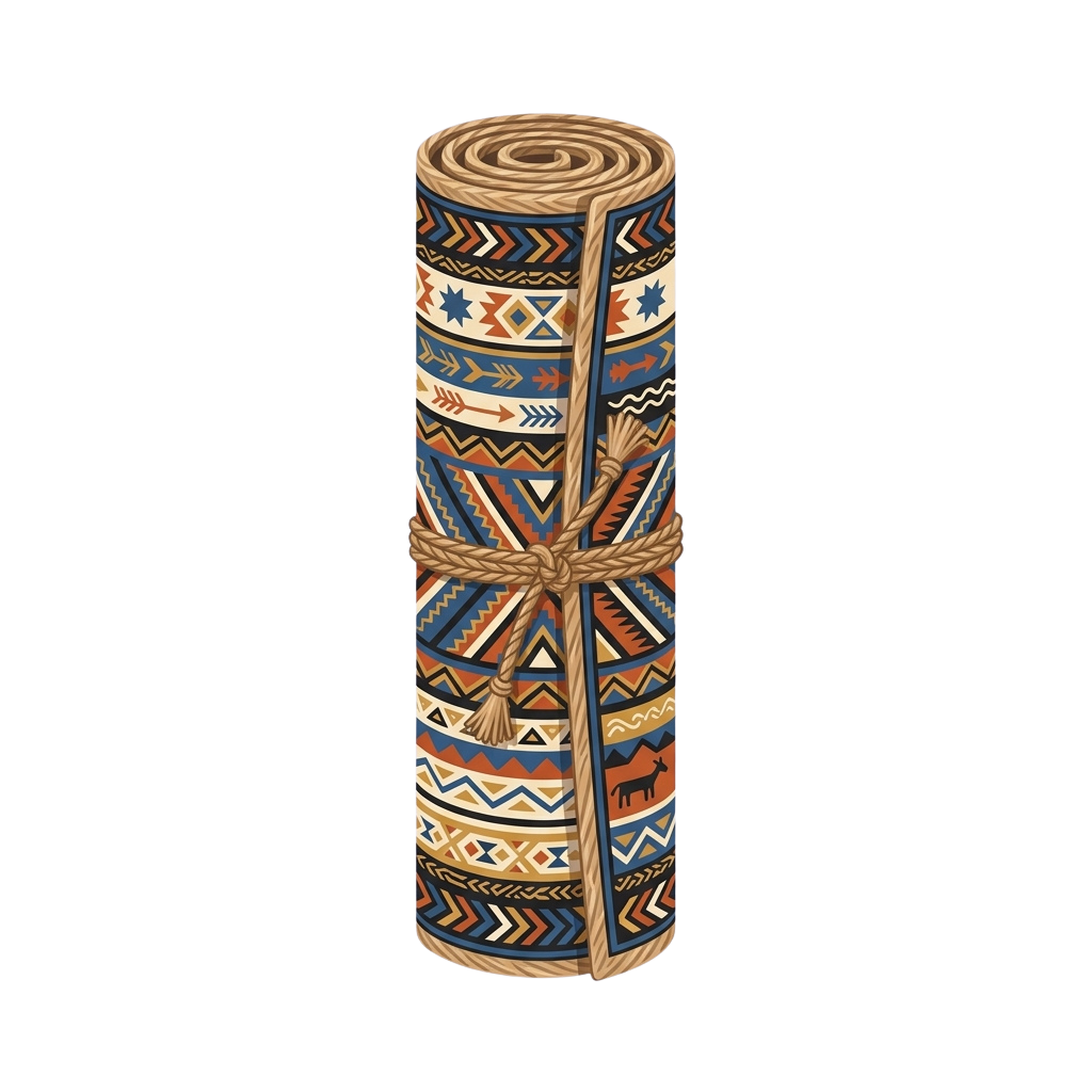 A rolled textile bundle featuring vibrant geometric patterns tied with natural twine.