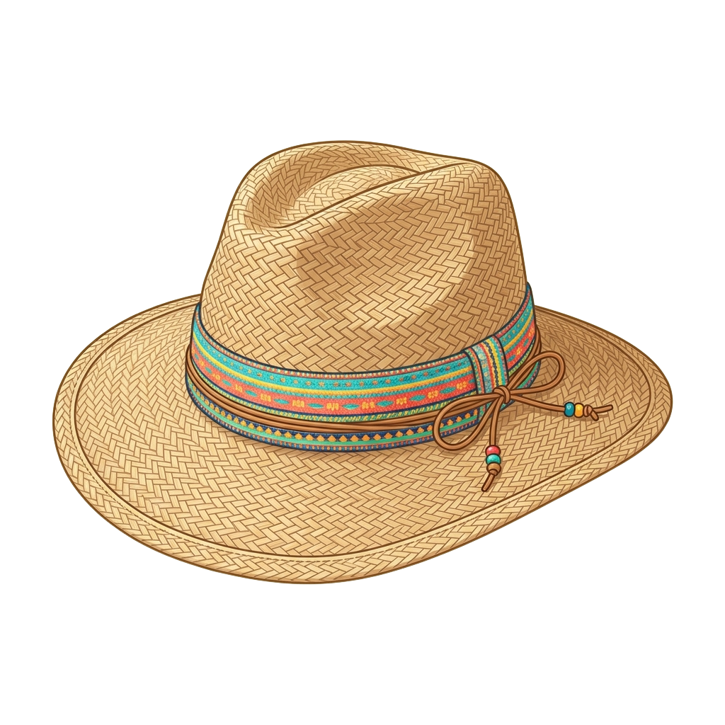 A light brown woven fedora hat with a colorful striped band and a decorative tassel on the right side