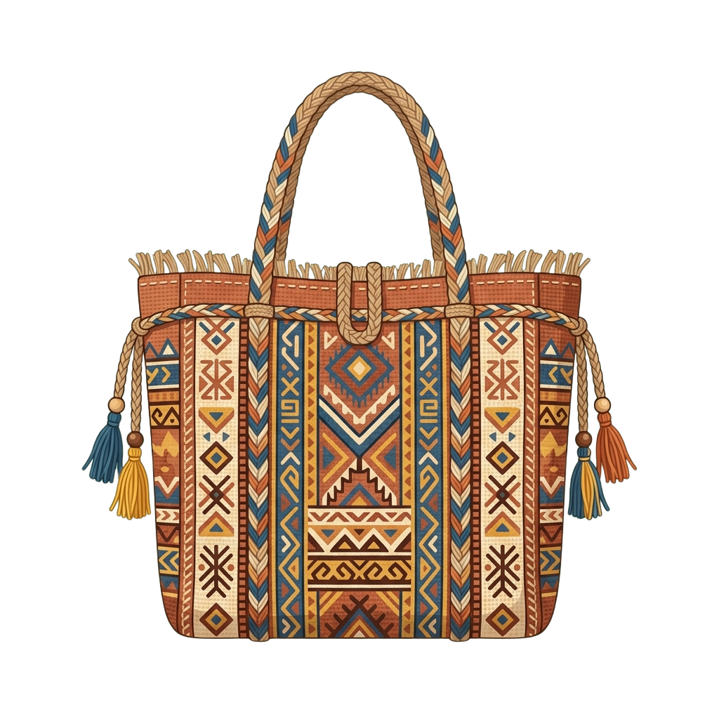 Handwoven tote bag featuring colorful geometric tribal patterns and fringe trim with tassels
