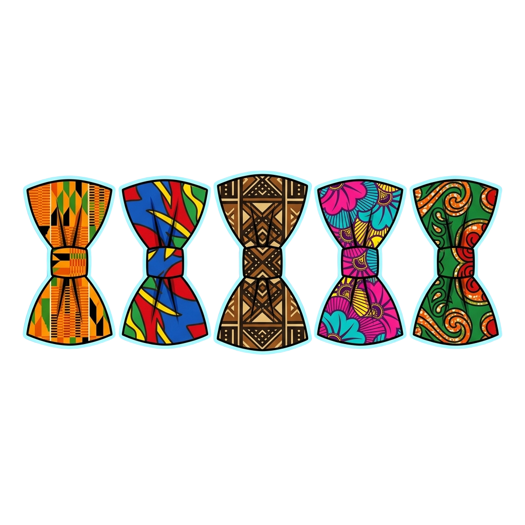 Five hourglass-shaped vessels with vibrant, intricate cultural patterns and designs.