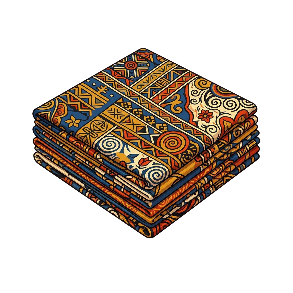 Stack of vibrant patterned fabric featuring geometric and floral designs in orange, blue, and white
