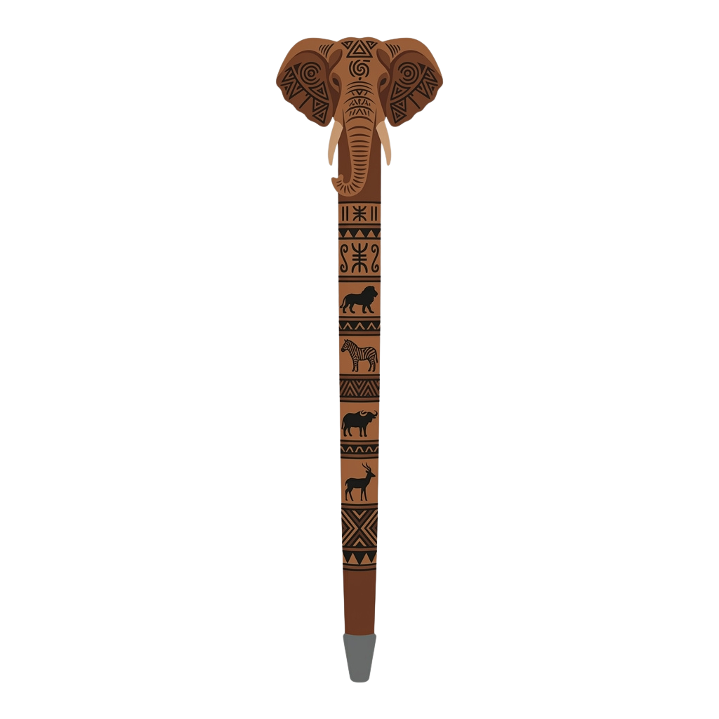 Brown elephant tusker with carved animal and geometric patterns along its length