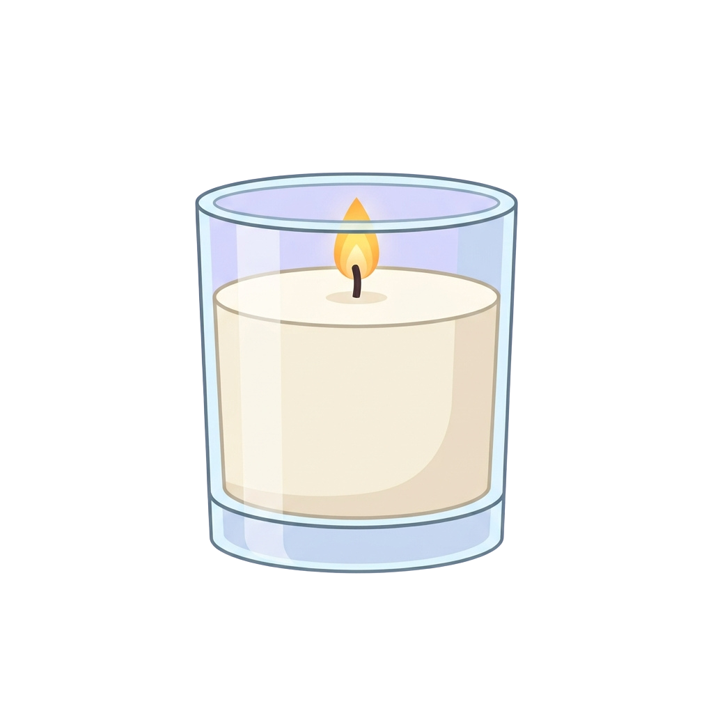 A lit candle inside a cylindrical glass container with a visible flame.