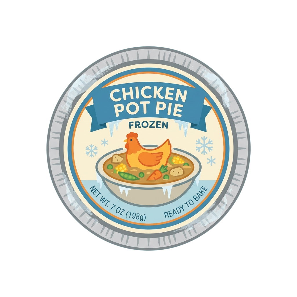 Frozen chicken pot pie package showing a rooster and vegetables in a dish, labeled ready to bake