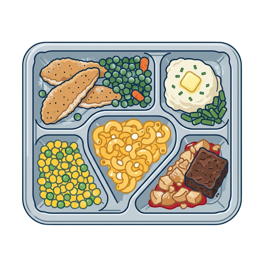 A colorful school lunch tray containing macaroni cheese, crackers, peas, carrots, yogurt with granola, and a chocolate bar