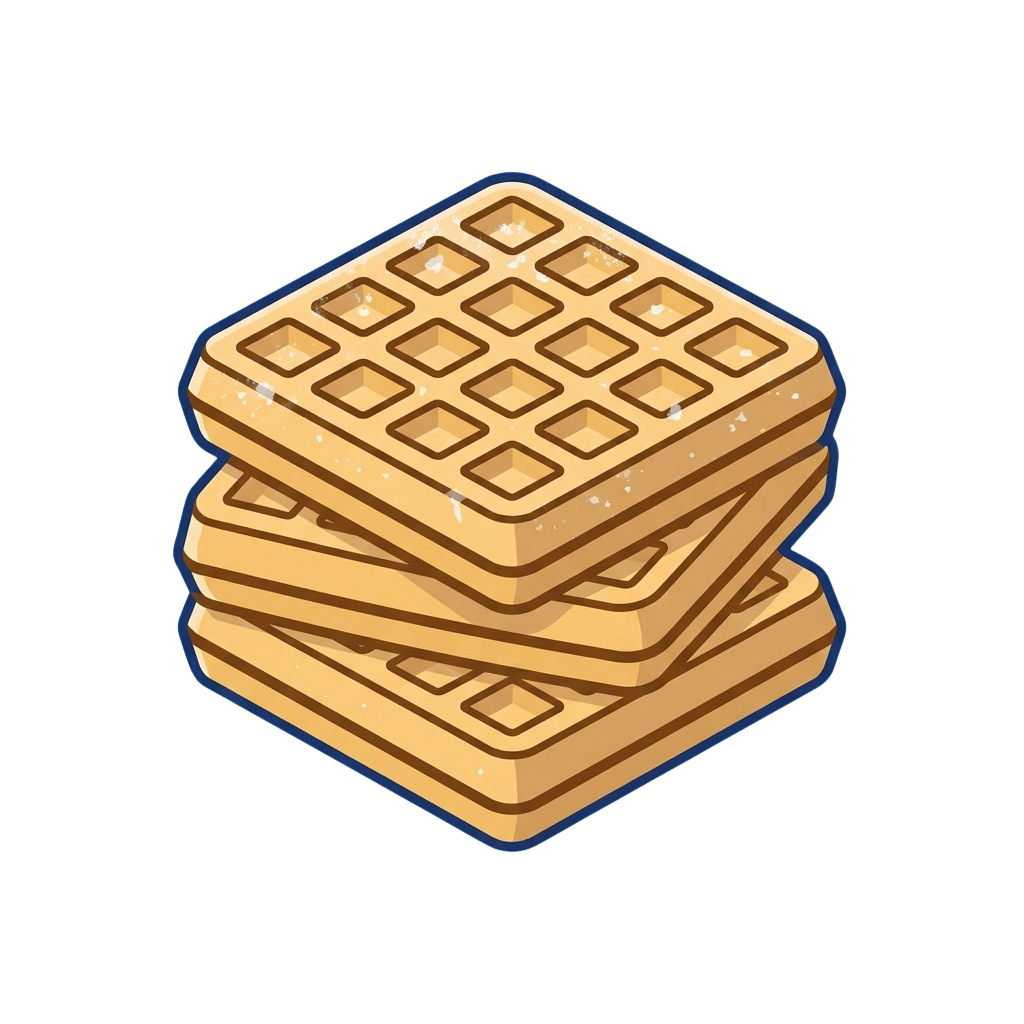 Three golden-brown waffles with a grid pattern stacked on top of each other