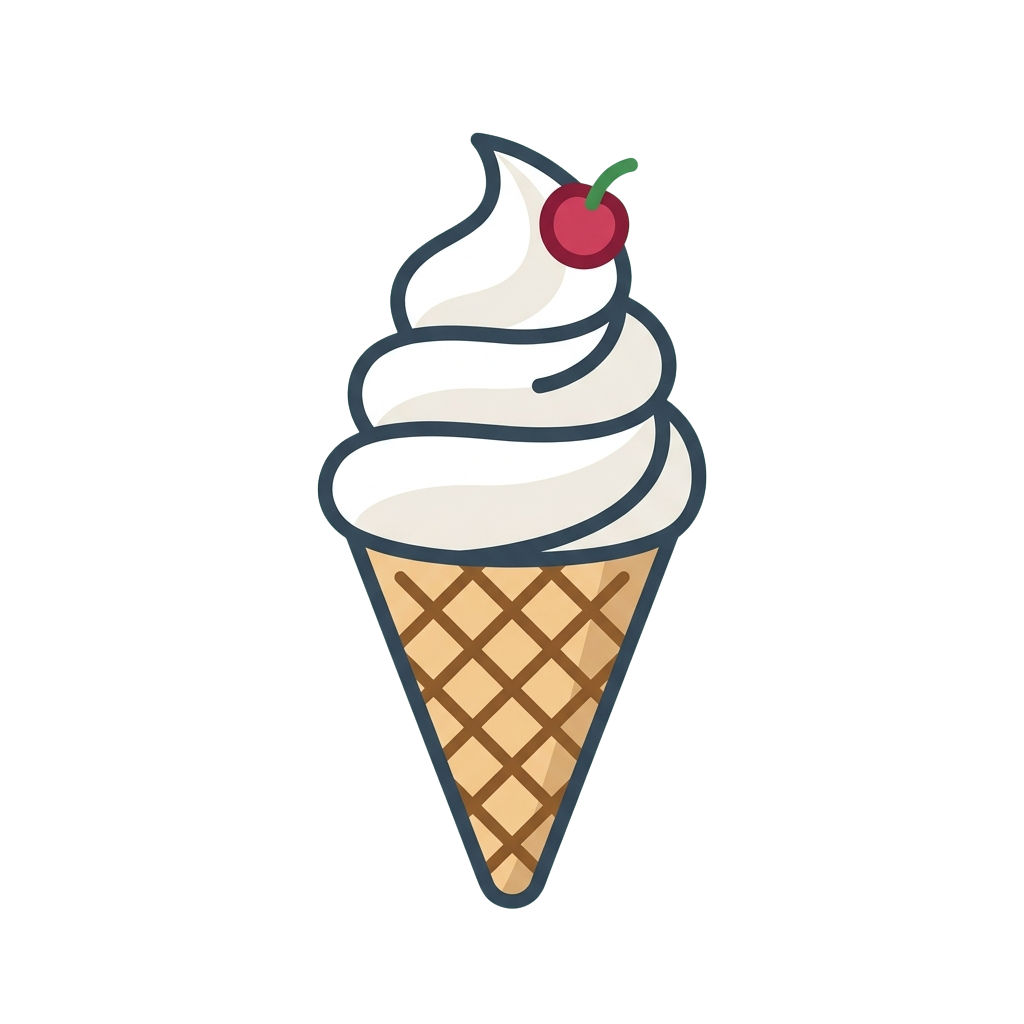 An ice cream cone filled with swirled vanilla ice cream and topped with a cherry